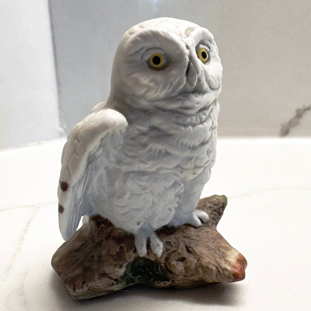 Vintage Napcoware Owl Ceramic Figurine White Snowy Owl Perched on a Branch 2.75"